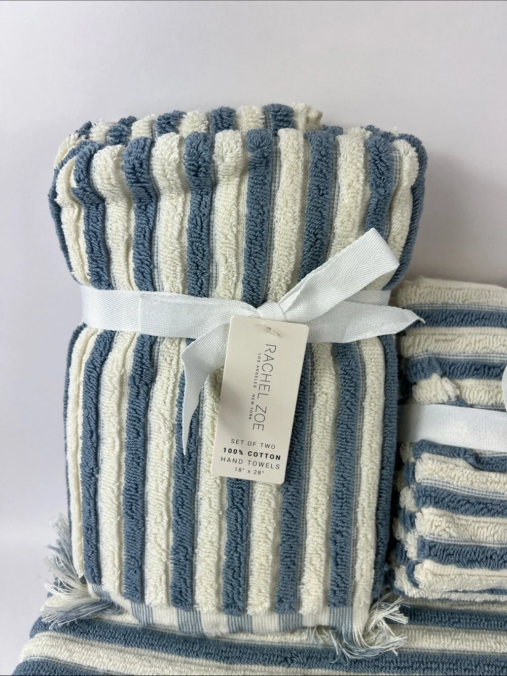 Rachel Zoe Bath Towel Set Blue White Striped with Fringe Soft Cotton 8 Pc NEW